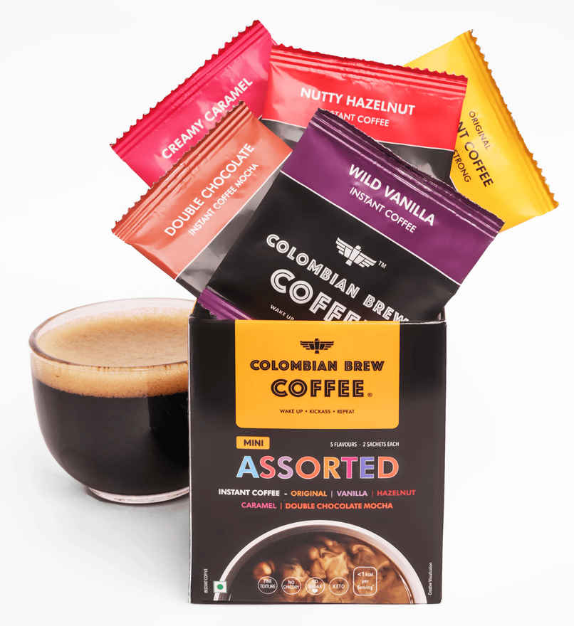 Colombian Brew Mini Assorted Instant Coffee (Original, Hazelnut, Vanilla, Caramel, Mocha) | 10 Sachets