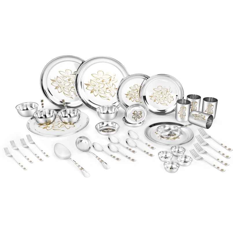 Classic Essentials Heavy Gauge Stainless Steel Permanent Laser Design Glory 42 Pieces Dinner Set