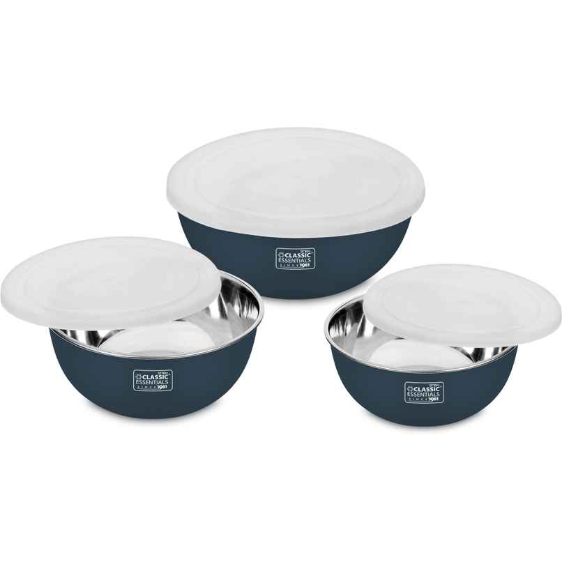 Classic Essentials Stainless Steel Microwave Safe Mixing Bowl Set of 3 Dark Blue