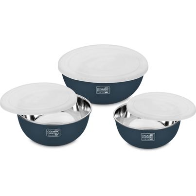 Classic Essentials Stainless Steel Microwave Safe Mixing Bowl Set of 3 Dark Blue