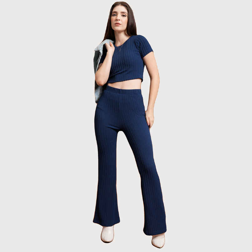 Tokyo Talkies Women's Round Neck Crop Top & Flared Trouser | Navy - S