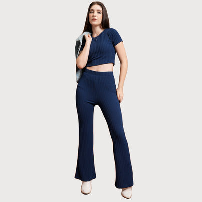 Tokyo Talkies Women's Round Neck Crop Top & Flared Trouser | Navy - M Tokyo Talkies Women's Round Neck Crop Top & Flared Trouser | Navy - M