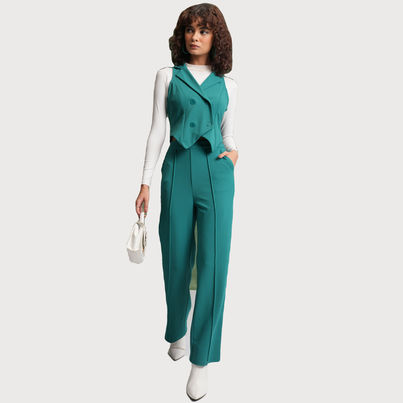 Tokyo Talkies Women's Vest Blazer With Trousers | Green - S Tokyo Talkies Women's Vest Blazer With Trousers | Green - S