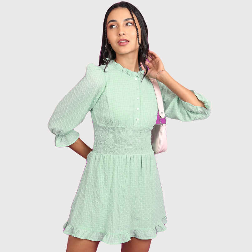 Tokyo Talkies Women's Self Design Smocked Puff Sleeves Fit and Flare Dress | Green - M