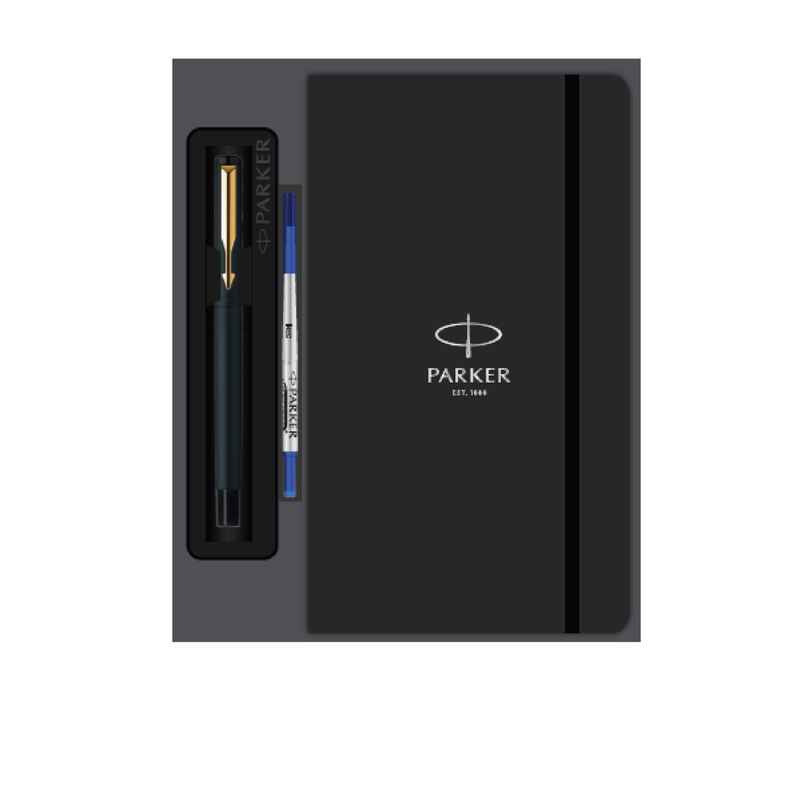 Parker Gift Set Vector Matte Black Gold Trim Roller Ball Pen With Parker Note Book