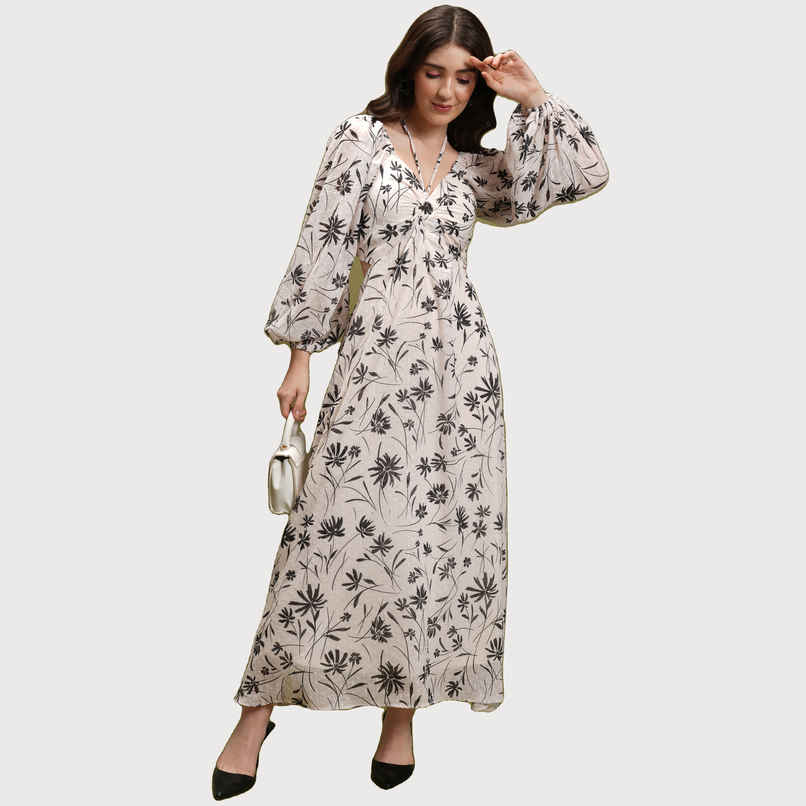 Tokyo Talkies Women's Off Floral Printed Tie Up Neck Puff Sleeve Cut Out Maxi Dress | White - M Tokyo Talkies Women's Off Floral Printed Tie Up Neck Puff Sleeve Cut Out Maxi Dress | White - M