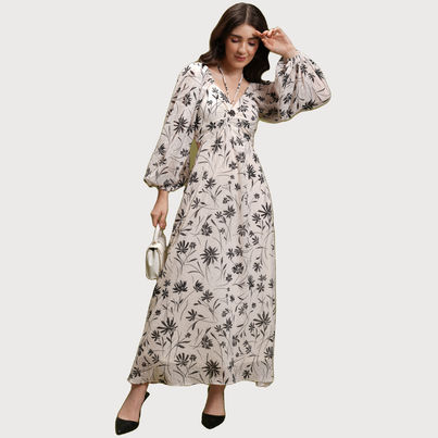 Tokyo Talkies Women's Off Floral Printed Tie Up Neck Puff Sleeve Cut Out Maxi Dress | White - M Tokyo Talkies Women's Off Floral Printed Tie Up Neck Puff Sleeve Cut Out Maxi Dress | White - M