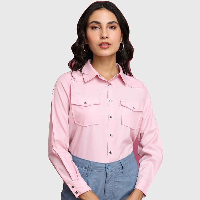 Tokyo Talkies Women's Spread Collar Casual Shirt | Pink - M