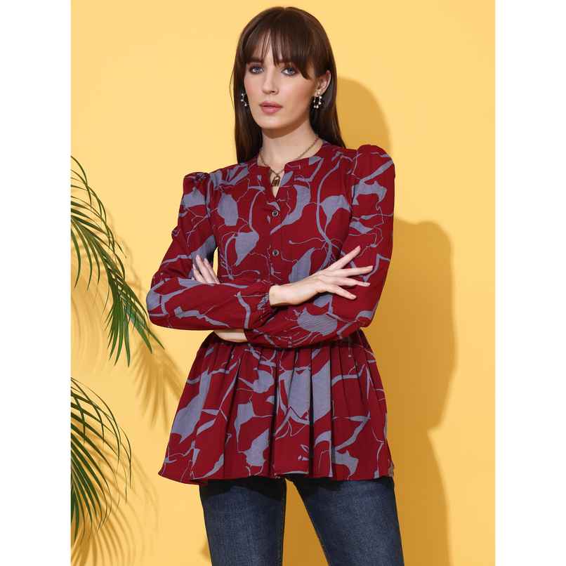 Sheetal Women's Floral Print Mandarin Collar Crepe Top | 5207 | Maroon - XL