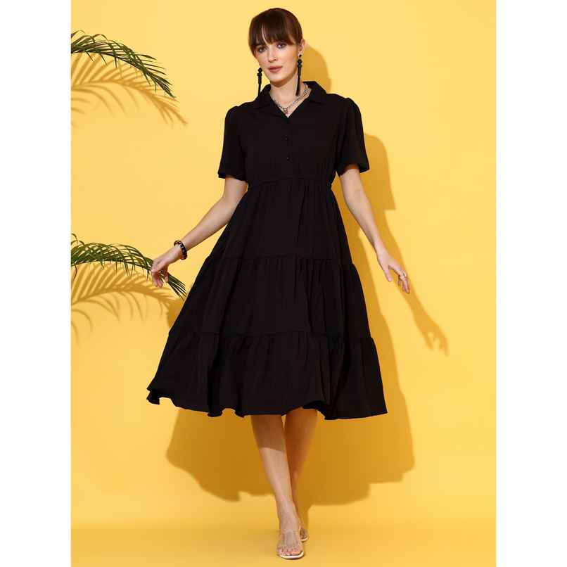 Sheetal Women's Black Shirt Collar Fit And Flare Midi Dress | 11621 | Black - M