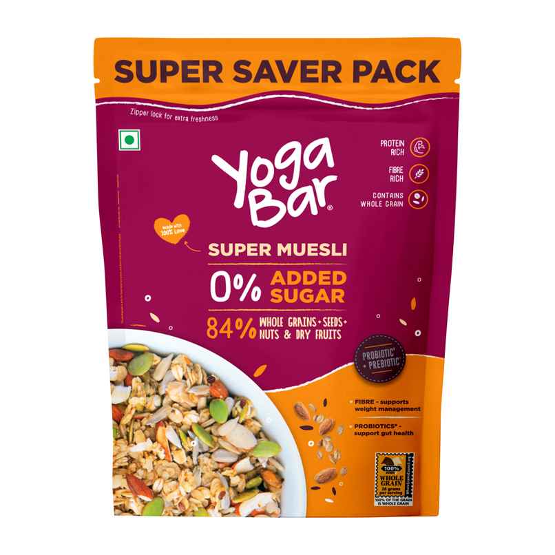 Yoga Bar Super Muesli,No Added  Sugar,Probiotics & Prebiotics,82%Whole Grains+Seeds+Almonds