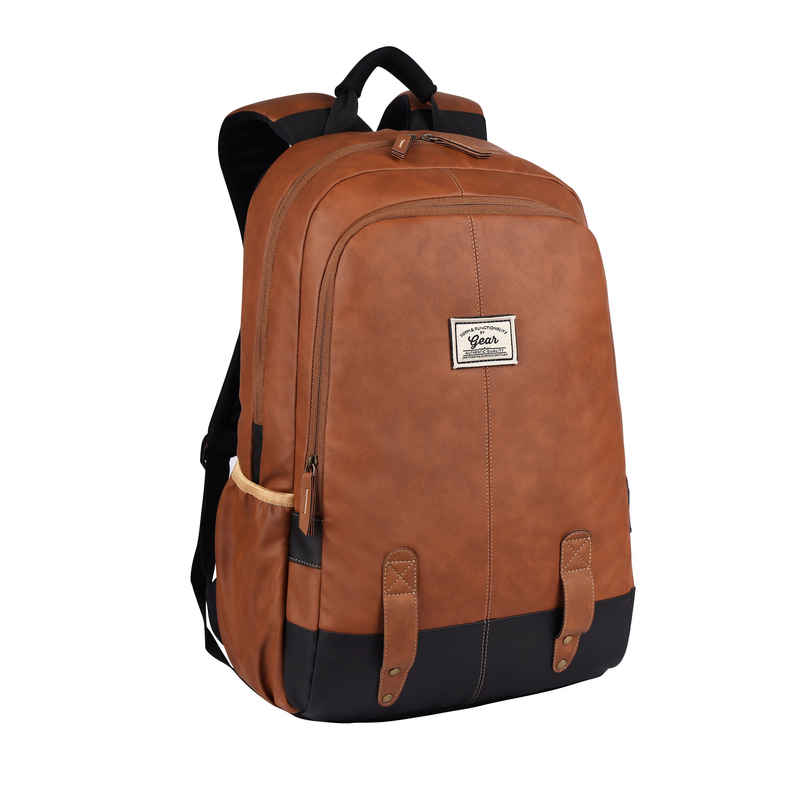 Gear Unisex Solid Artificial Leather 20 L Laptop Backpack | Black and Tan - One Size