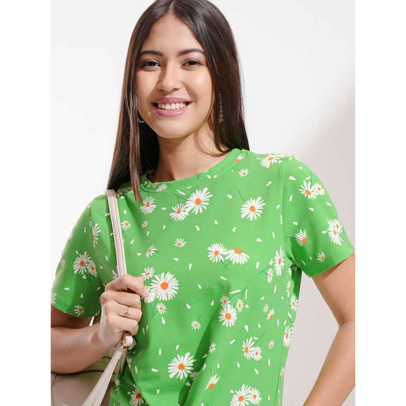 Tokyo Talkies Women's Floral Printed Front Tie Up Crop Top | Green - S