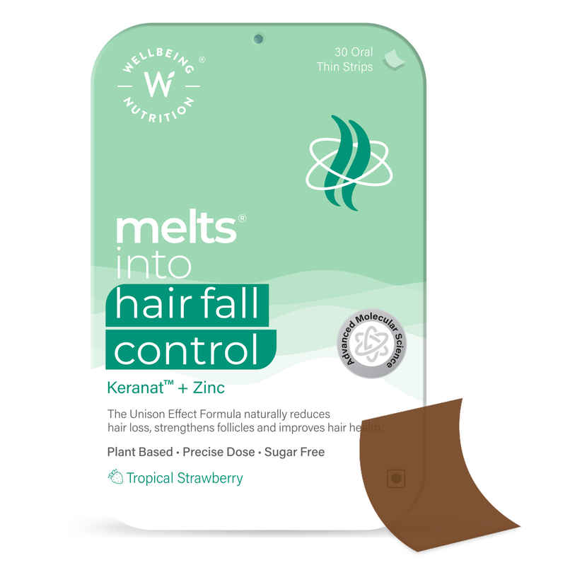 Wellbeing Nutrition Melts Hair Fall Control, Keranat & Zinc Plant-Based Improve Volume (30 Strips)