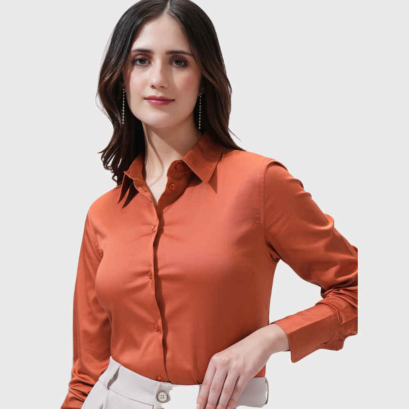 Tokyo Talkies Women's Rust Solid Buttondown Satin Shirt | Brown - L Tokyo Talkies Women's Rust Solid Buttondown Satin Shirt | Brown - L