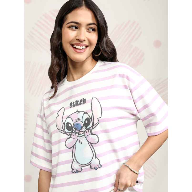 Tokyo Talkies Women's Disney Stitch Striped Relaxed Fit T-shirt | Pink - L