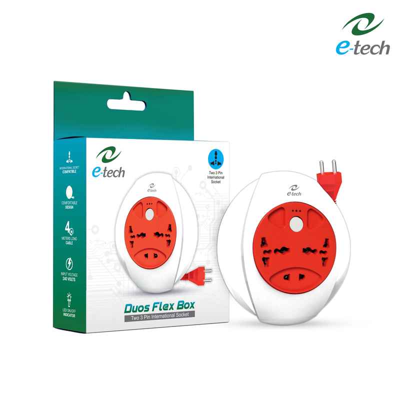 Etech Duos Flex Box With Two 3 Pin International Socket | One 2 Pin Socket | Push Button Switch