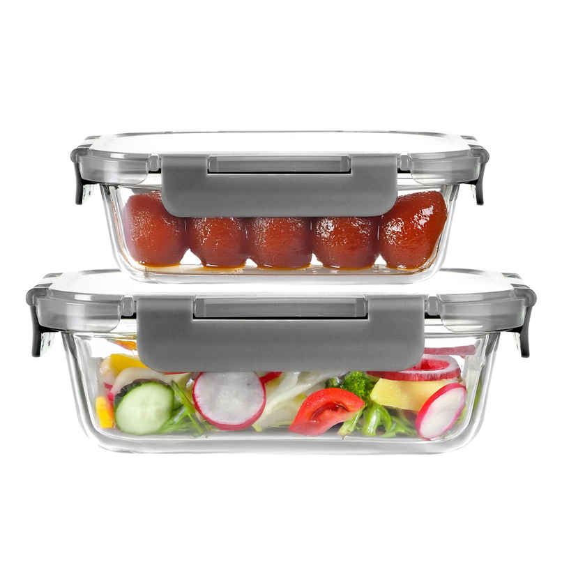 Cutting EDGE 370ml & 640ml Borosilicate Glass Lunch Box|Set of 2|Detachable Lock|Microwave Safe|Grey
