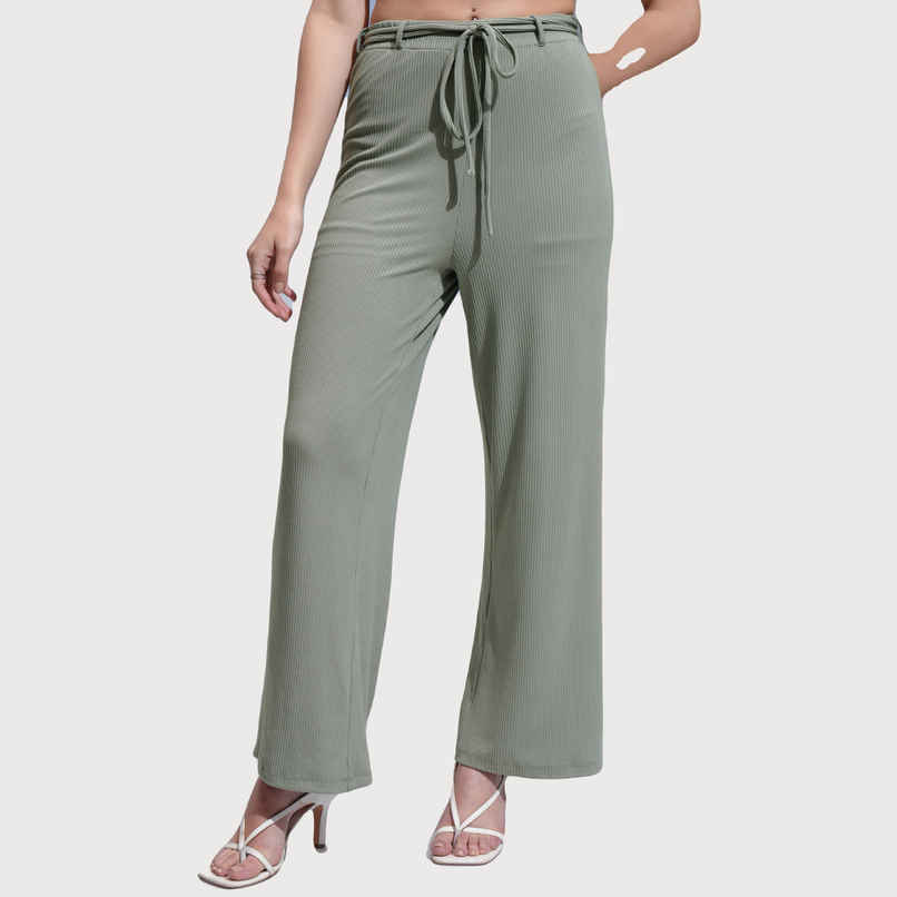Tokyo Talkies Women's Solid Rib Calf Length Wideleg Pants | Olive - 32