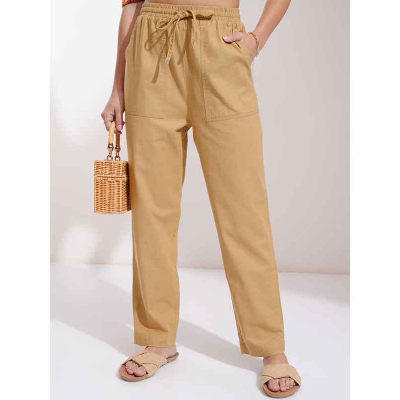 Tokyo Talkies Women's Camel Solid Multi Pocket Carrot Fit Pant | Beige - 32