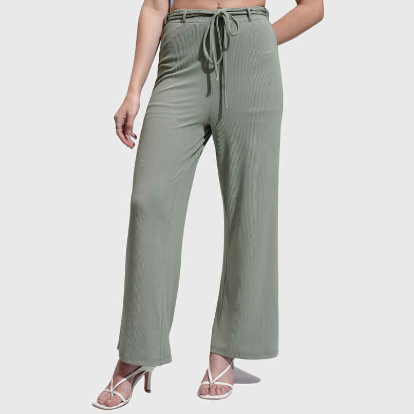 Tokyo Talkies Women's Solid Rib Calf Length Wideleg Pants | Olive - 30