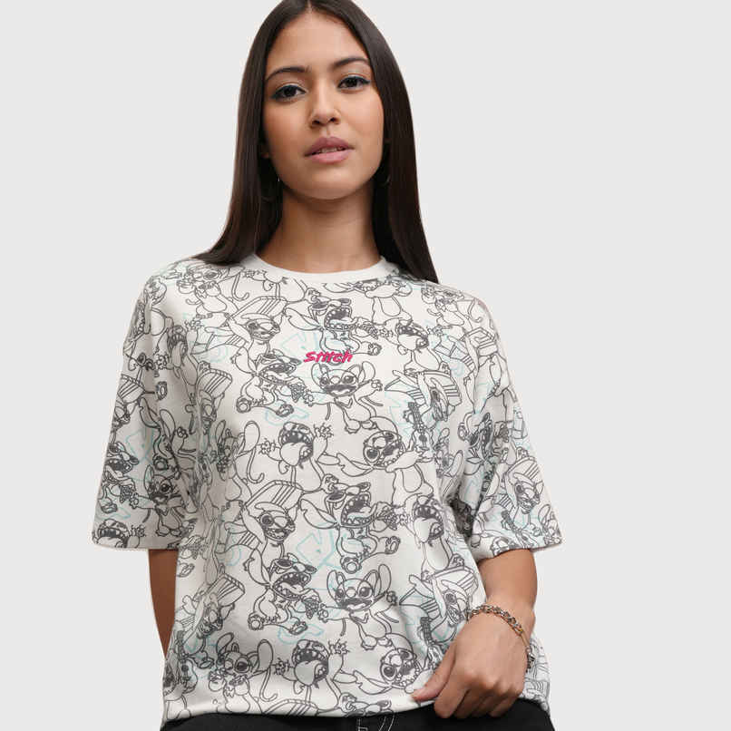 Tokyo Talkies Women's Disney Stitch Embroidered Relaxed Fit T-shirt | White - L