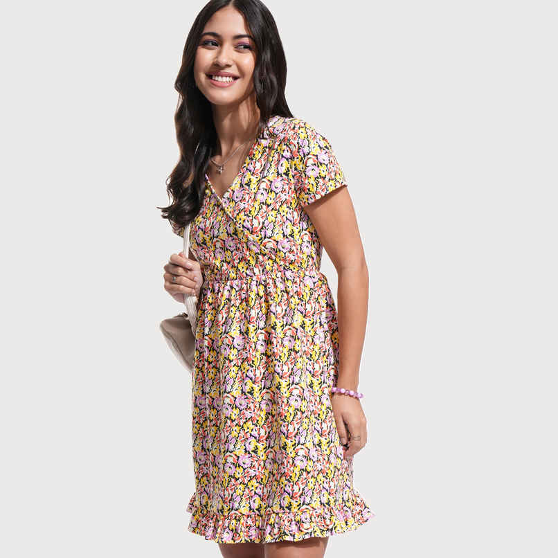 Tokyo Talkies Women's Fit & Flare V Neck Mini Rib Dress | Multicolour - M