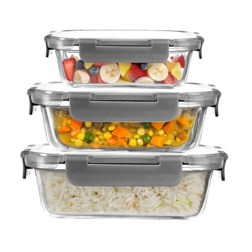 Cutting EDGE Borosilicate Glass Lunch Box|370,640&1040ml|Set of3|Detachable Lock|Microwave Safe|Grey Cutting EDGE Borosilicate Glass Lunch Box|370,640&1040ml|Set of3|Detachable Lock|Microwave Safe|Grey