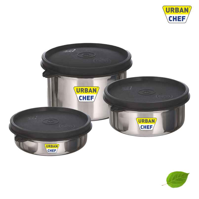 Urban Chef Essential 3 Stainless Steel Containers | 290 |450 |600 Ml Leak Proof | Black Urban Chef Essential 3 Stainless Steel Containers | 290 |450 |600 Ml Leak Proof | Black