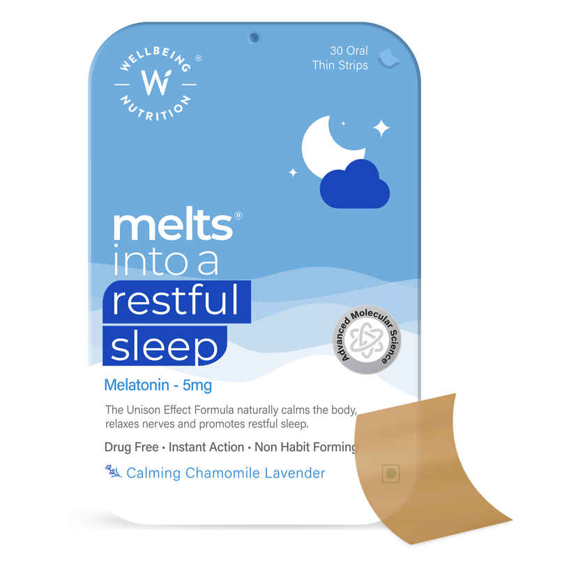 Wellbeing Nutrition Melts Restful Sleep Strips | Plant-Based Melatonin 5mg for Sleep 30 Strips