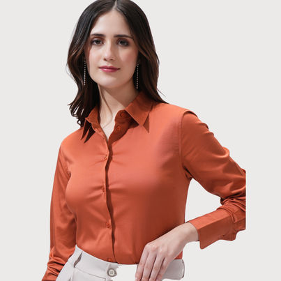 Tokyo Talkies Women's Rust Solid Buttondown Satin Shirt | Brown - L Tokyo Talkies Women's Rust Solid Buttondown Satin Shirt | Brown - L