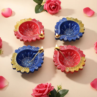 Decorative Clay Diya | Pink & Navy | Pack Of 4 | Cycle
