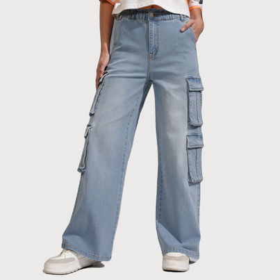 Tokyo Talkies Women's Straight Fit Cargo Jeans | Light Blue - 30 Tokyo Talkies Women's Straight Fit Cargo Jeans | Light Blue - 30