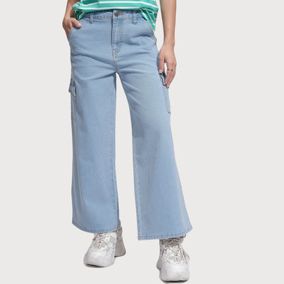 Tokyo Talkies Women's Wide Leg Cargo Jeans | Light Blue - L Tokyo Talkies Women's Wide Leg Cargo Jeans | Light Blue - L