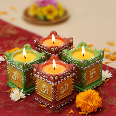 Tulsi Wax Diya | Decorative Diyas With Sticker Base | 8 x 8 cm | Multicolour | Cycle