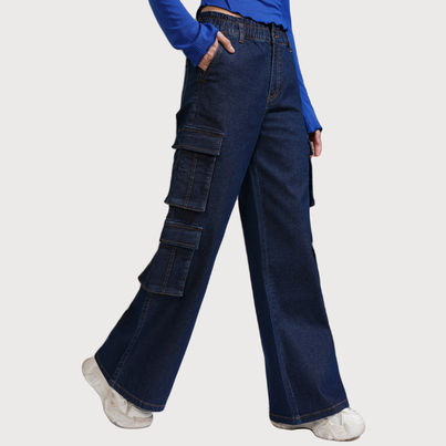Tokyo Talkies Women's Straight Fit Cargo Jeans | Dark Blue - L Tokyo Talkies Women's Straight Fit Cargo Jeans | Dark Blue - L