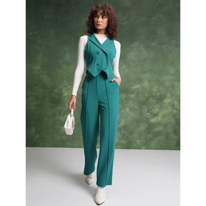 Tokyo Talkies Women's Vest Blazer With Trousers | Green - M Tokyo Talkies Women's Vest Blazer With Trousers | Green - M