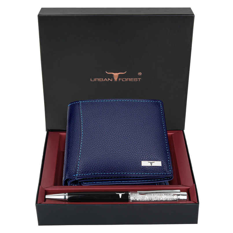 URBAN FOREST Men's Ollin Nappa Leather Wallet & Diamond Pen Combo Gift | Blue URBAN FOREST Men's Ollin Nappa Leather Wallet & Diamond Pen Combo Gift | Blue