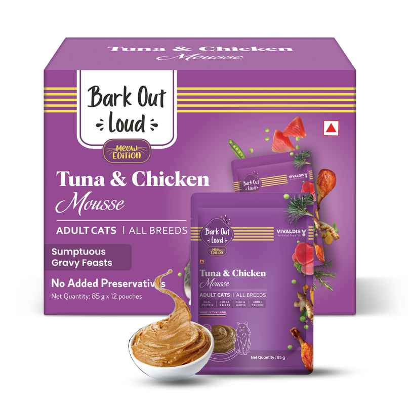 Bark Out Loud | Wet Cat Food | Fresh Tuna & Chicken Mousse Fish Gravy Food for Cats | Pack of 12