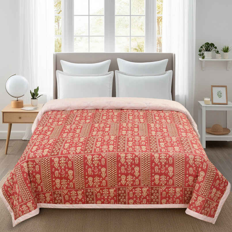 Furnofy Ultrasonic Comforter King Size Light Weight | Microfibre | Red & Cream - 80 x 90 in