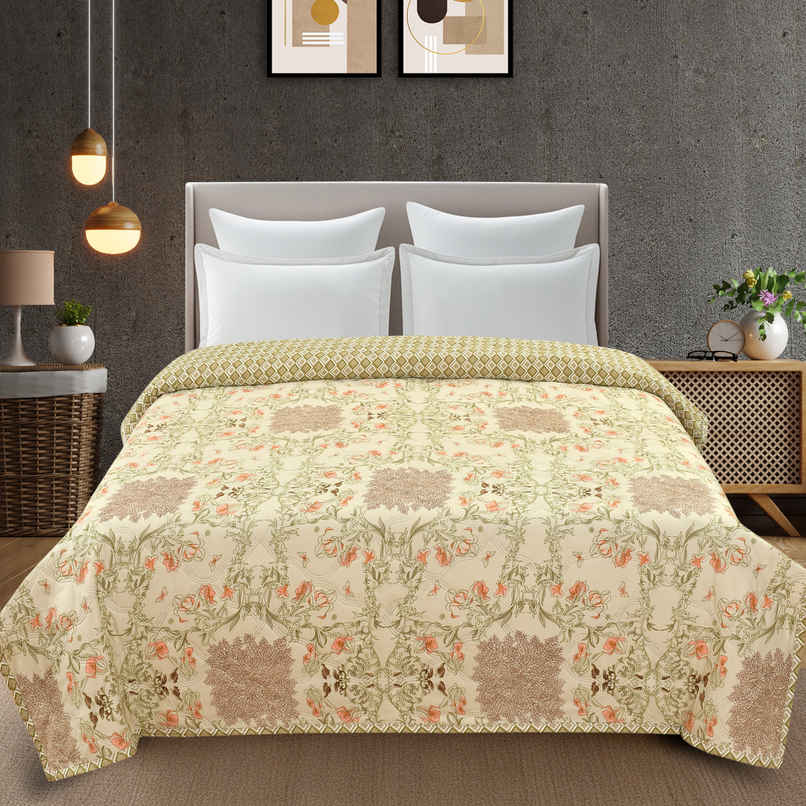 Furnofy Ultrasonic Comforter King Size Lightweight | Microfiber | Beige Floral - 80 x 90 in