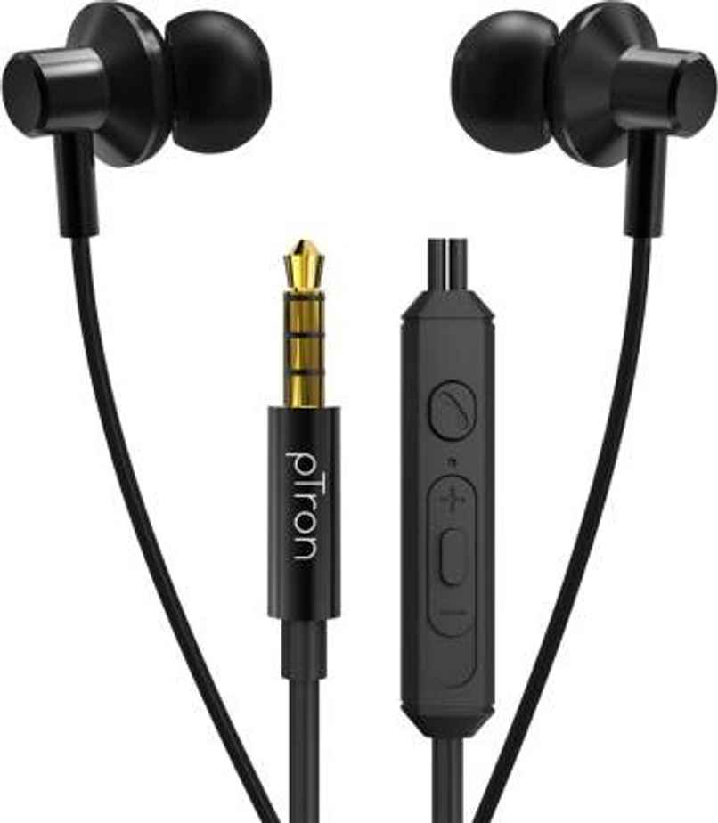 pTron Pride Lite Wired Earphones With Mic Stereo Audio Metal Buds 1.2M Tangle-Free Cable - Black