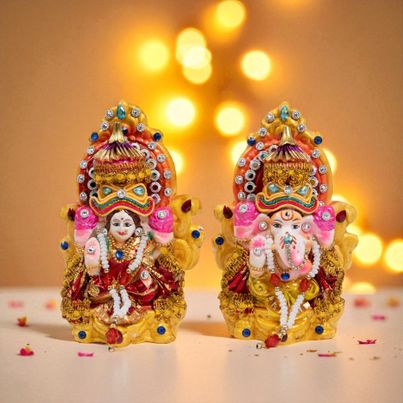 Fabric Decorated Clay Lakshmi Ganesh Idols | 5 Inch | Mangal Bhawan