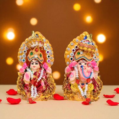Fabric Decorated Clay Lakshmi Ganesh Idols - 4 Inch | Mangal Bhawan