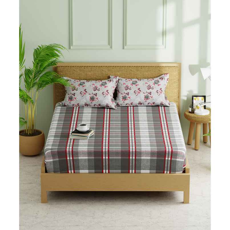 Kopa Extra Smooth Micro Double Bedsheet With 2 Pillow Covers | Set of 3 | Lorenzo Checks | Red Grey