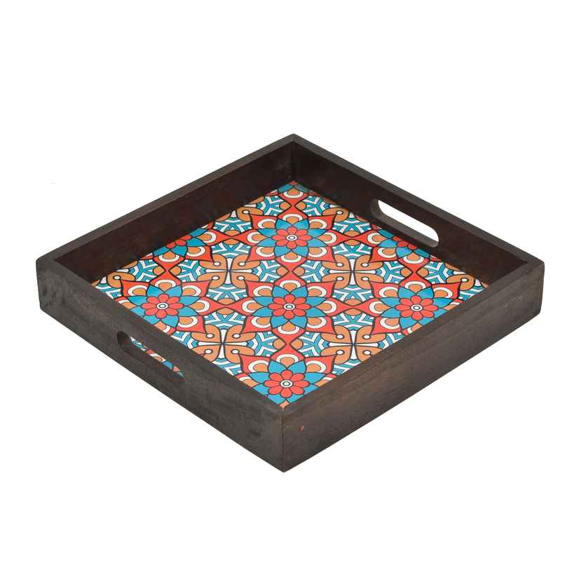Oggn Blue Floral Printed Wooden Brown Square Tray 12x12
