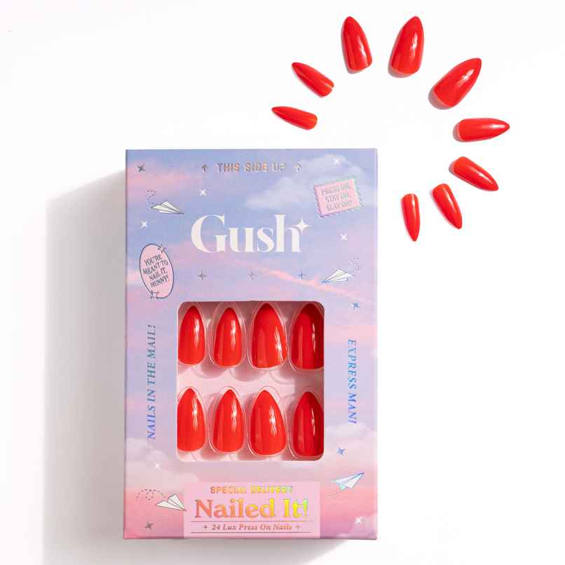 Gush Beauty Nailed It Reusable Press On Nails - Application Kit | Candy Apple Red - Medium Almond