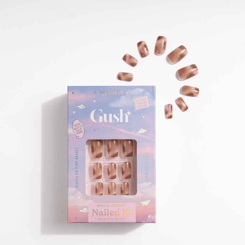Gush Beauty | Reusable Luxury Press On Nails With Application Kit | Brown Cat Eye - Small to Medium