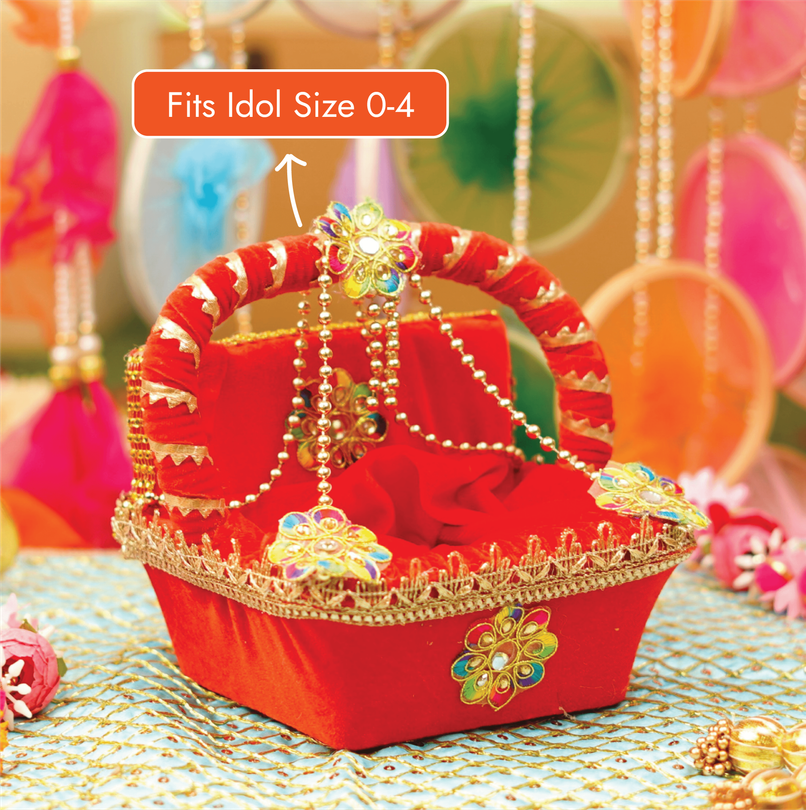 Red Velvet Laddu Gopal Regal Tokri Bed | 7.2 x 6.5x 6.5 in | Fits Idol Size 0-4 | Krishna Janmastami Special (ServDharm)