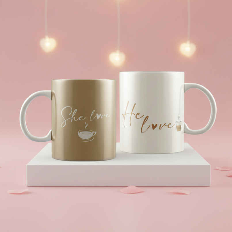 She Loves Coffee and He Loves Tea Ceramic Mug Set | Cute Couple Mugs Valentine Gift | EcraftIndia